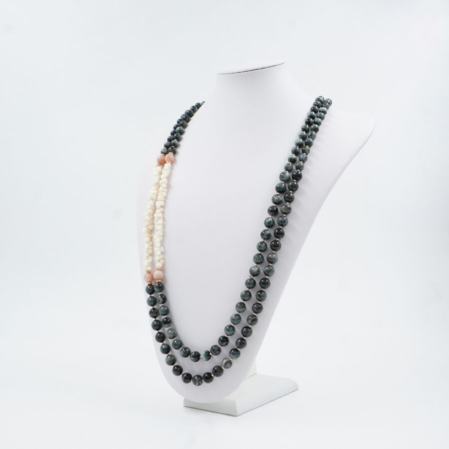Collana Multifilo con occhio d'aquila, pietra di Luna, corallo bianco, ematite, chiusura in argento 925 – Rosato