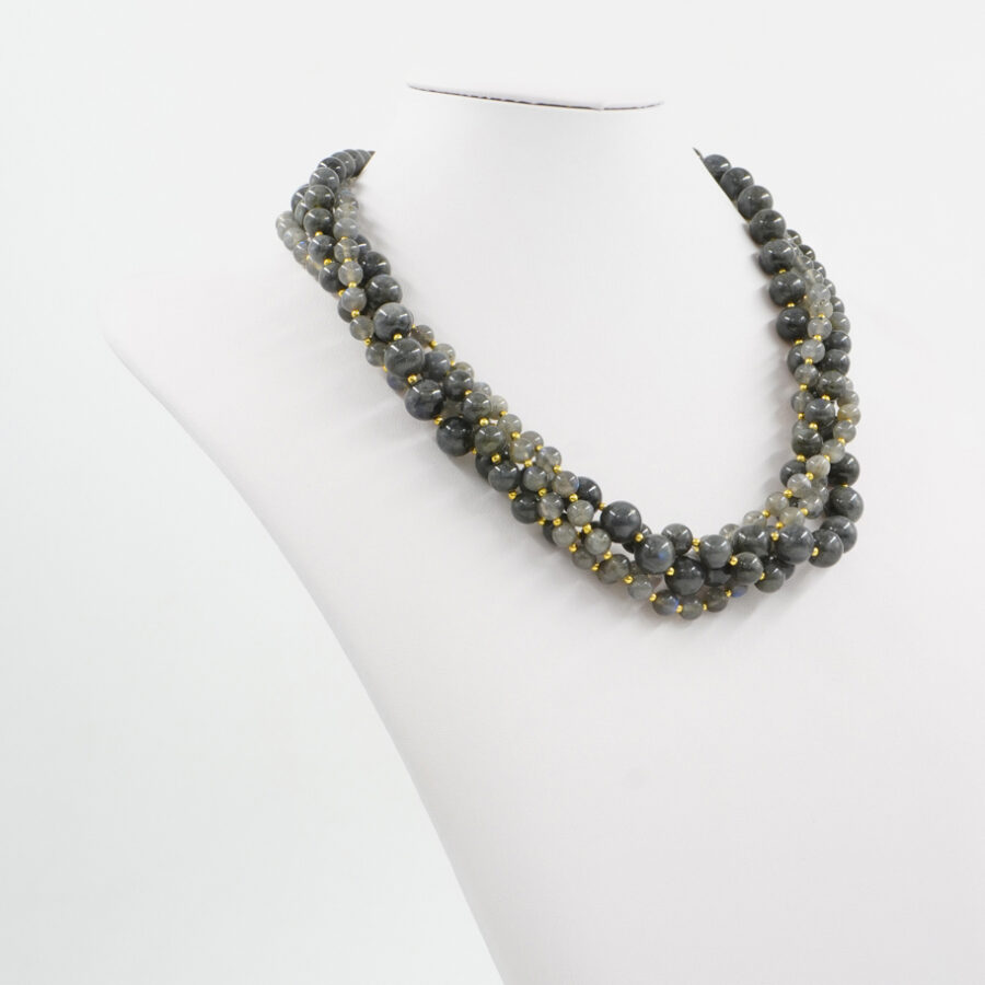 Collana Multifilo con labradorite, ematite, chiusura in argento 925 – Dorato