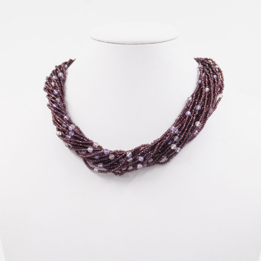 Collana Multifilo con zirconi viola, ametista, chiusura in argento 925 – Rodiato