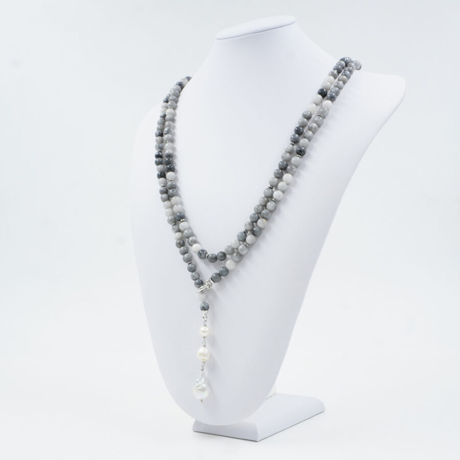 Collana con occhio d'aquila, perla, ematite, chiusura in argento 925 – Rodiato - immagine 2