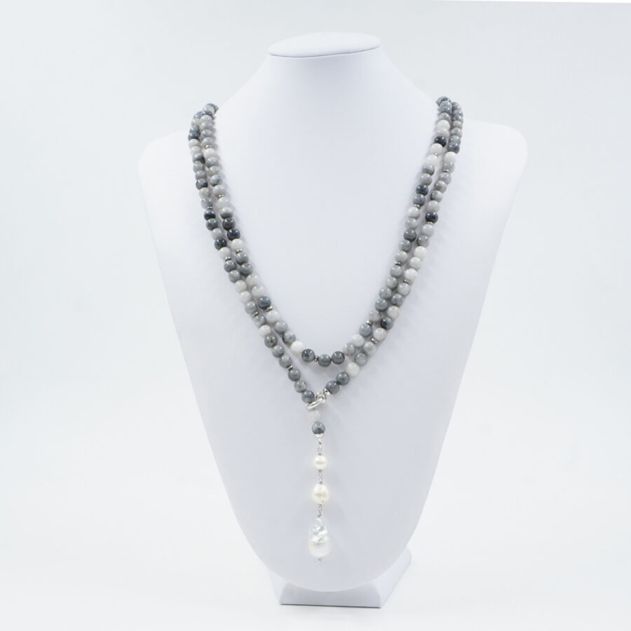Collana con occhio d'aquila, perla, ematite, chiusura in argento 925 – Rodiato - immagine 3