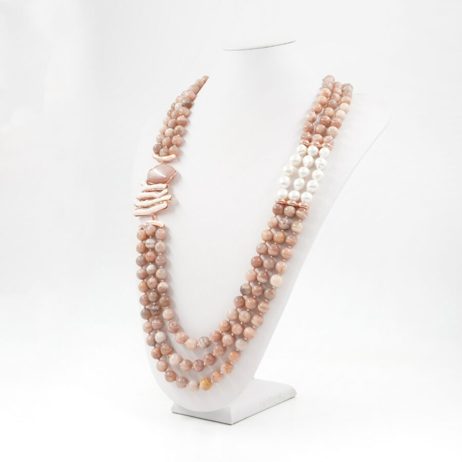 Collana Multifilo con pietra di Luna, corallo, perla, ematite, chiusura in argento 925 – Rosato