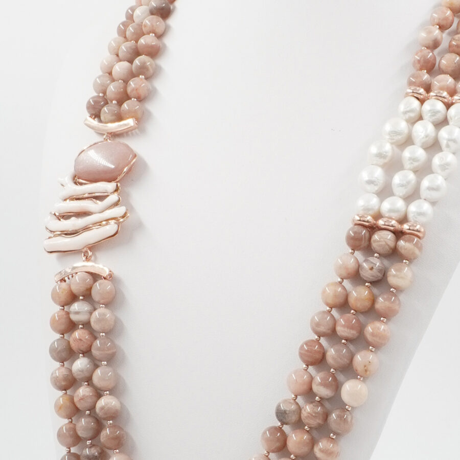 Collana Multifilo con pietra di Luna, corallo, perla, ematite, chiusura in argento 925 – Rosato - immagine 3