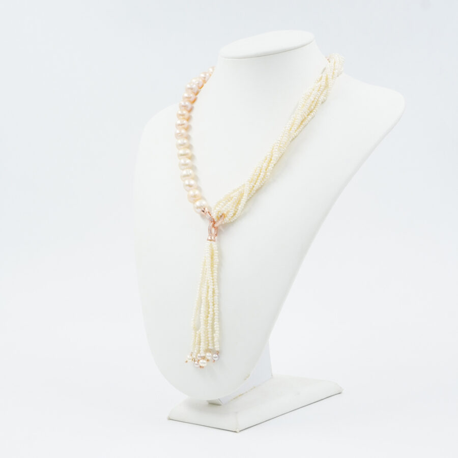 Collana Multifilo con perle, elemento in ottone con zirconi, chiusura in argento 925 – Rosato