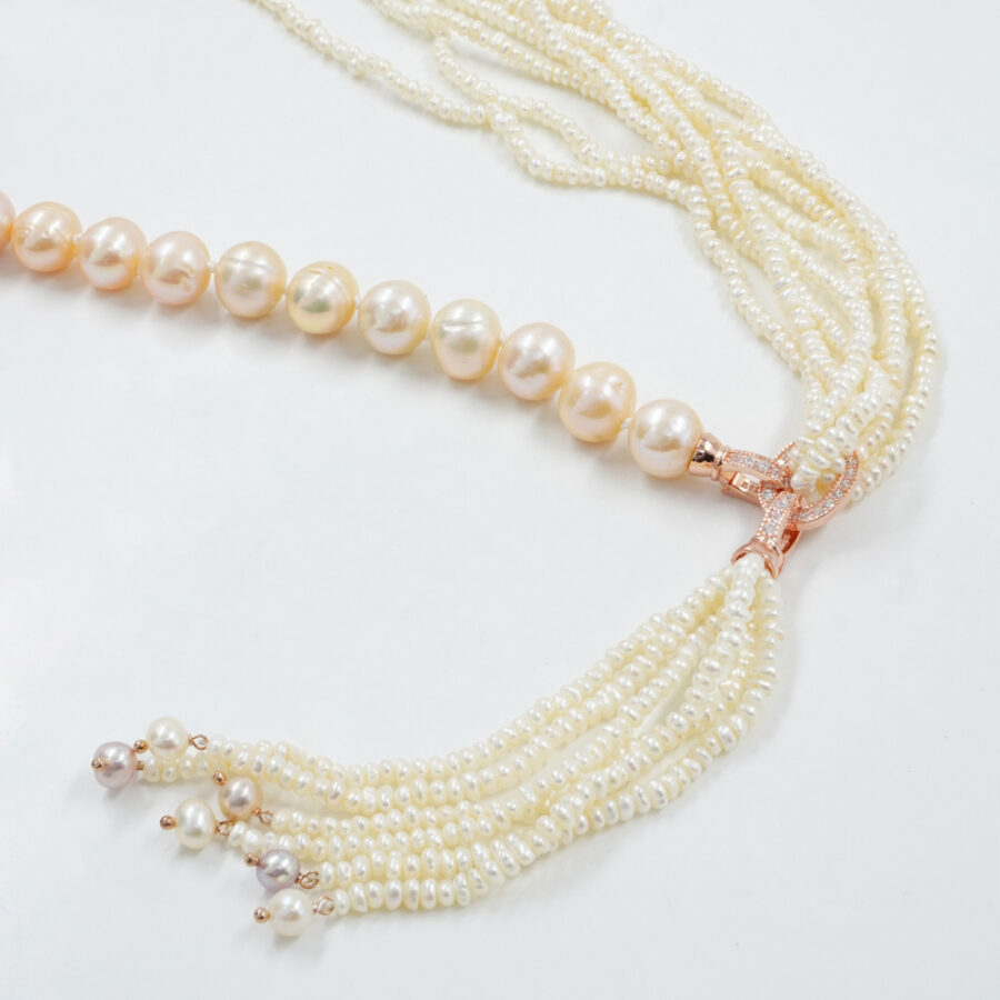Collana Multifilo con perle, elemento in ottone con zirconi, chiusura in argento 925 – Rosato - immagine 2