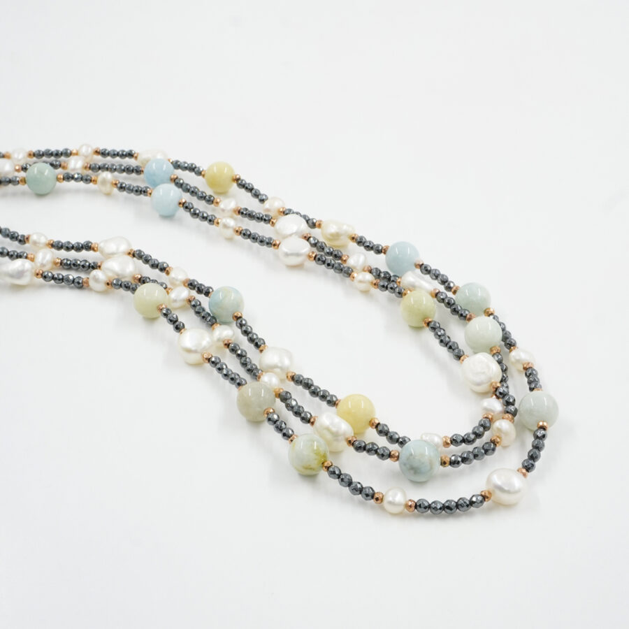 Collana Multifilo con ematite, acquamarina, perla, chiusura in argento 925 – Rosato