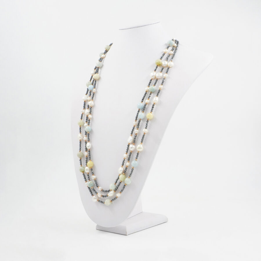 Collana Multifilo con ematite, acquamarina, perla, chiusura in argento 925 – Rosato - immagine 2