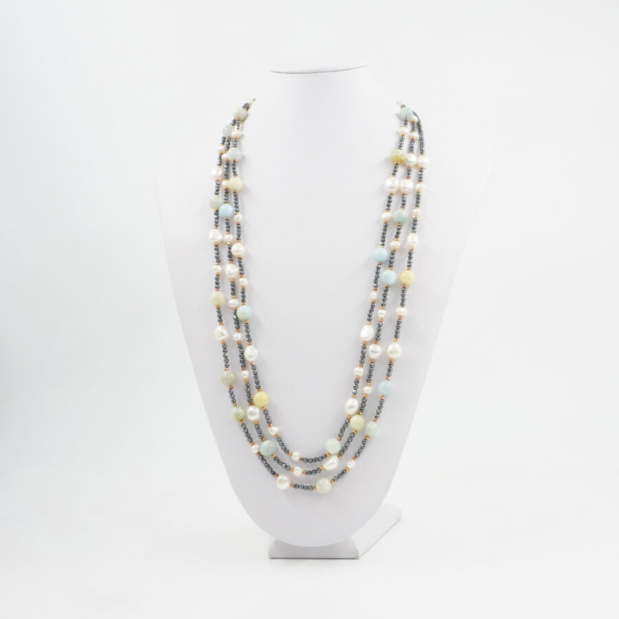 Collana Multifilo con ematite, acquamarina, perla, chiusura in argento 925 – Rosato - immagine 3