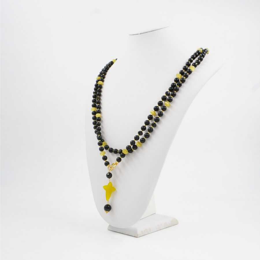Collana con agata nera satinata, ematite, ossidiana gold, occhio di gatto, giada, chiusura in argento 925 – Dorato - immagine 2