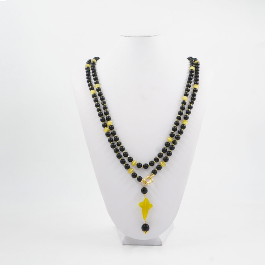 Collana con agata nera satinata, ematite, ossidiana gold, occhio di gatto, giada, chiusura in argento 925 – Dorato - immagine 3