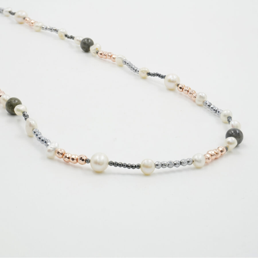 Collana con ematite, labradorite, perla, chiusura in argento 925 – Rosato