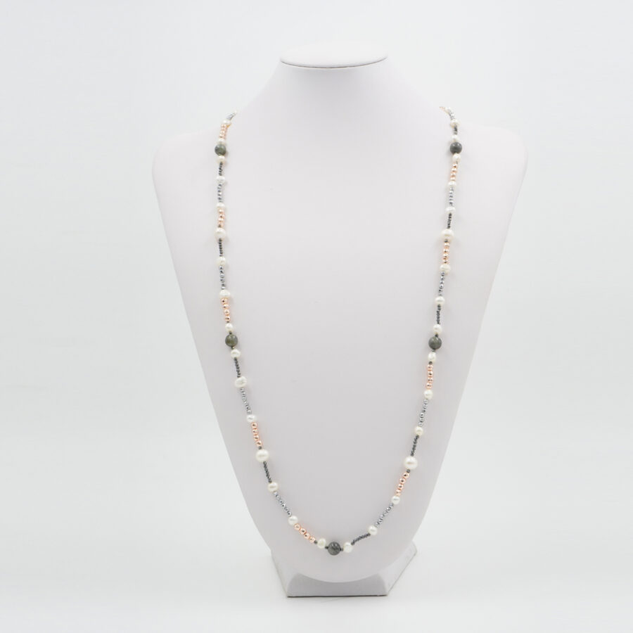 Collana con ematite, labradorite, perla, chiusura in argento 925 – Rosato - immagine 3