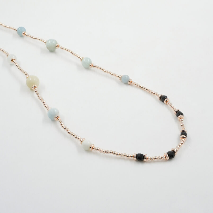 Collana con ematite, acquamarina, spinello nero, chiusura in argento 925 – Rosato