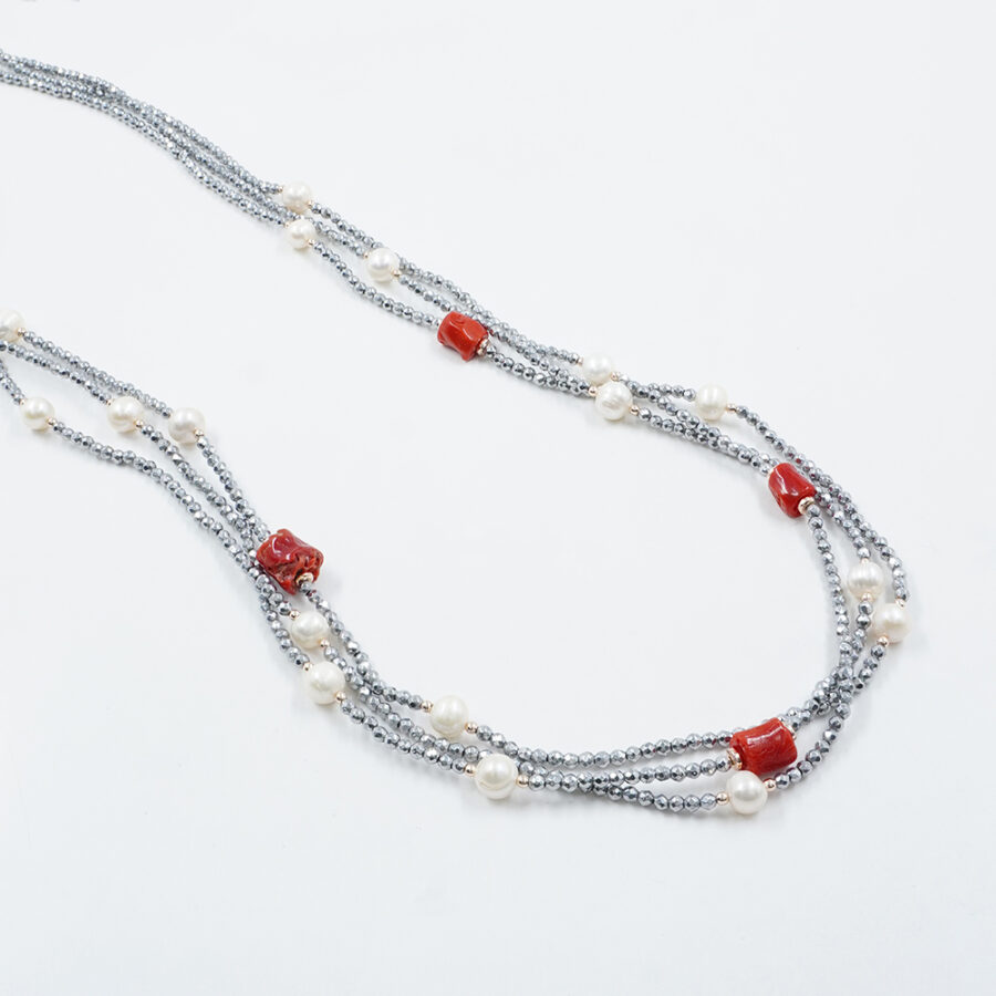 Collana Multifilo con ematite, corallo, perla, chiusura in argento 925 – Rodiato