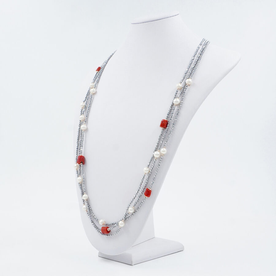 Collana Multifilo con ematite, corallo, perla, chiusura in argento 925 – Rodiato - immagine 2