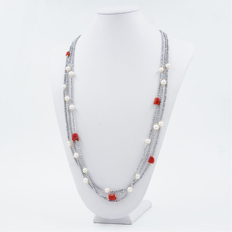 Collana Multifilo con ematite, corallo, perla, chiusura in argento 925 – Rodiato - immagine 3