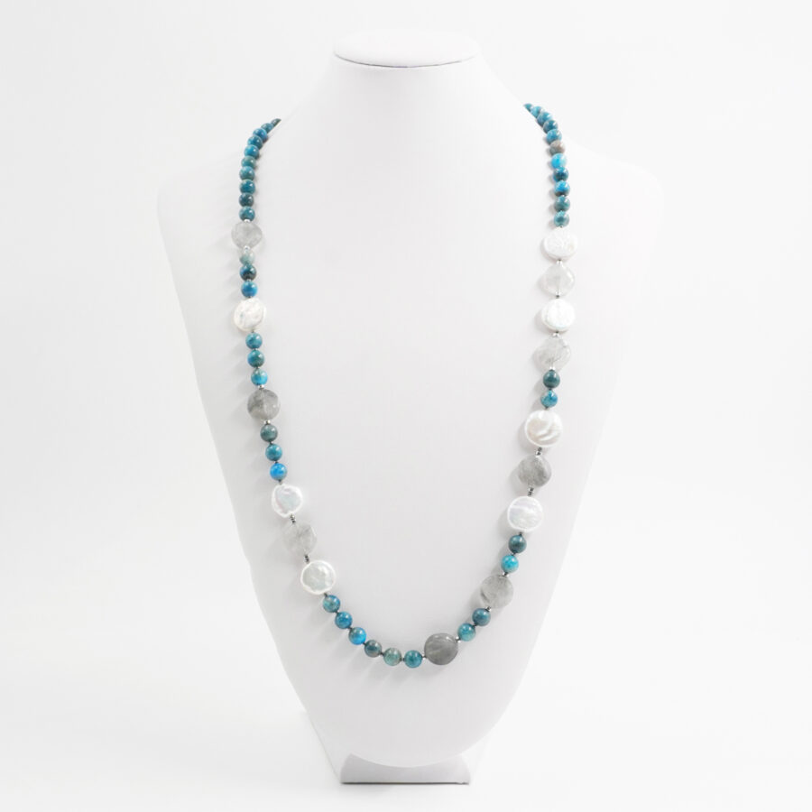 Collana con apatite, perla, quarzo grigio, ematite, chiusura in argento 925 – Rodiato - immagine 2