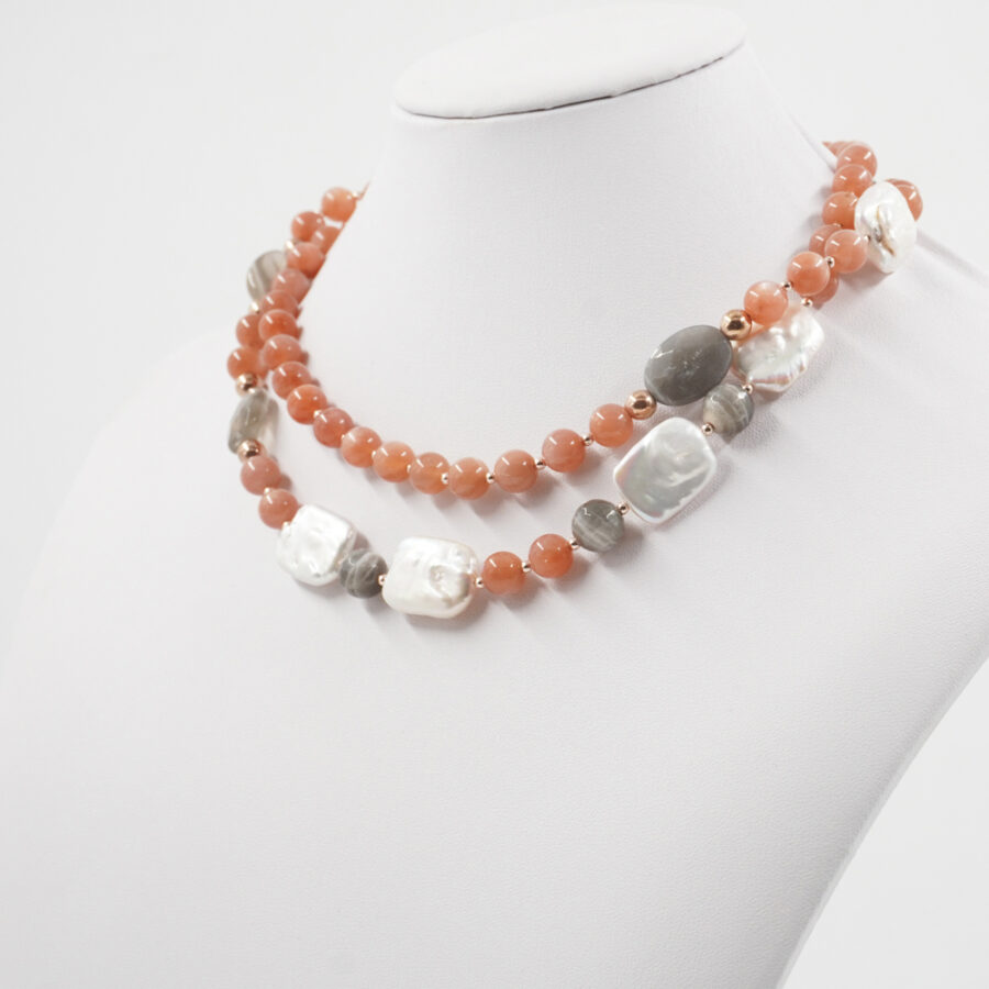 Collana con pietra di Luna rosa, pietra di Luna grigia, perla, quarzo grigio, ematite, chiusura in argento 925 – Rosato - immagine 2