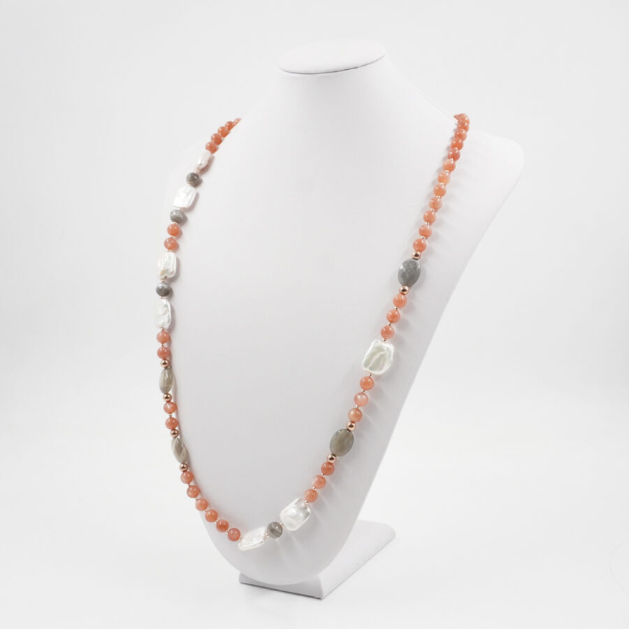 Collana con pietra di Luna rosa, pietra di Luna grigia, perla, quarzo grigio, ematite, chiusura in argento 925 – Rosato - immagine 3