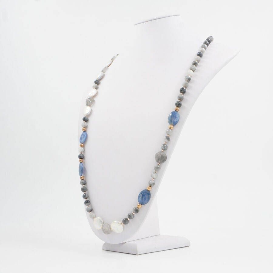 Collana con occhio d'aquila, cianite, quarzo grigio, perla, ematite, chiusura in argento 925 – Rosato - immagine 2