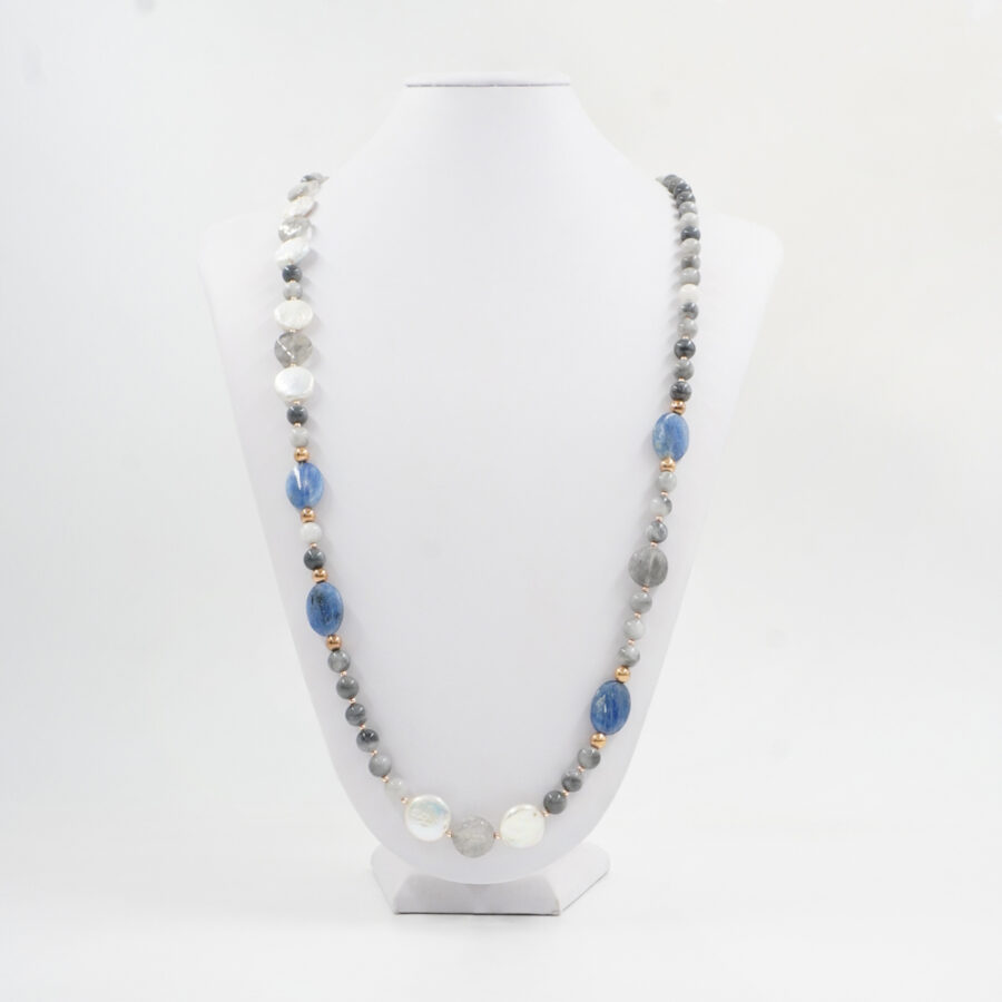 Collana con occhio d'aquila, cianite, quarzo grigio, perla, ematite, chiusura in argento 925 – Rosato - immagine 3