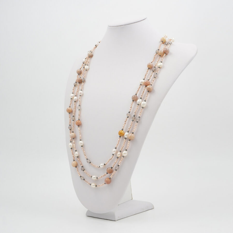 Collana Multifilo con ematite, agata grigia, pietra del Sole, perla, chiusura in argento 925 – Rosato - immagine 2