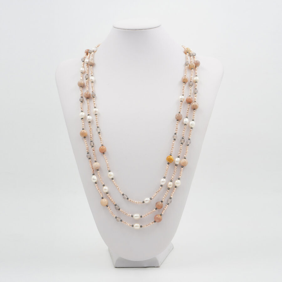 Collana Multifilo con ematite, agata grigia, pietra del Sole, perla, chiusura in argento 925 – Rosato - immagine 3