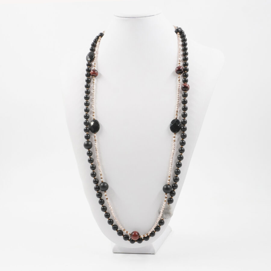 Collana Multifilo con agata nera, occhio di tigre rosso, quarzo grigio, ematite - immagine 2