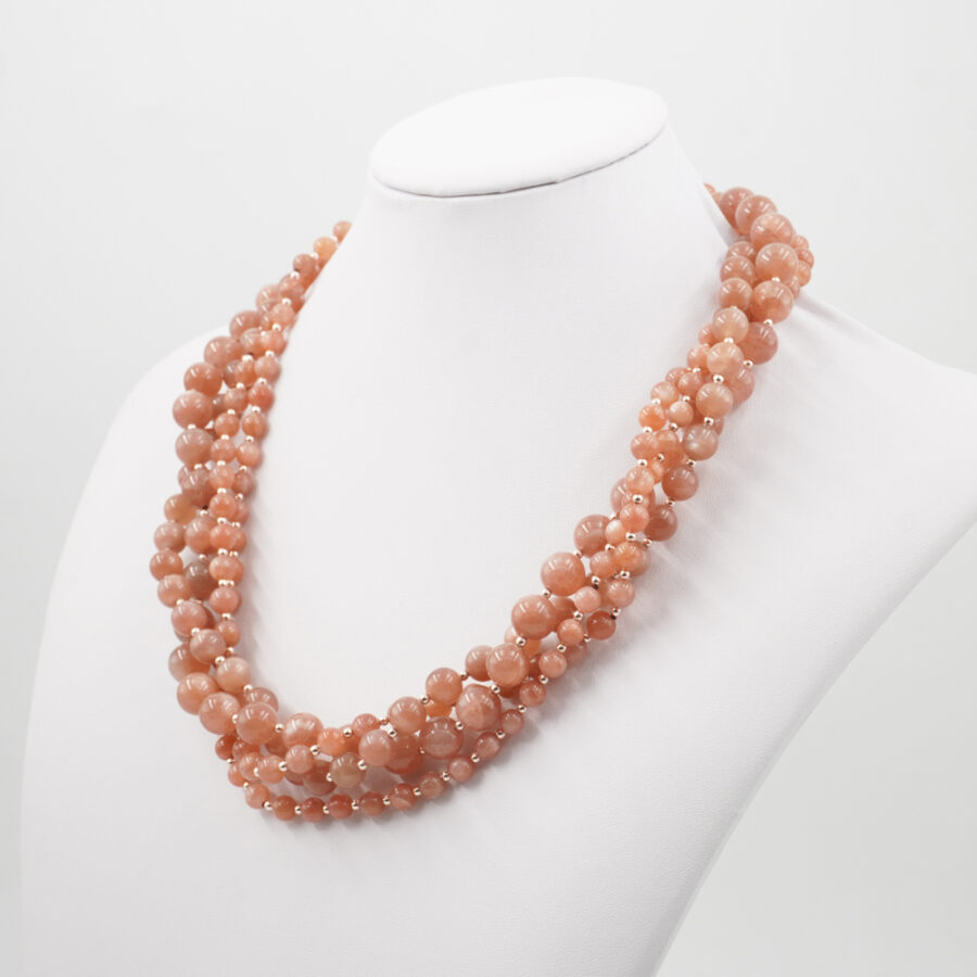 Collana Multifilo con pietra di Luna, ematite, chiusura in argento 925 – Rosato