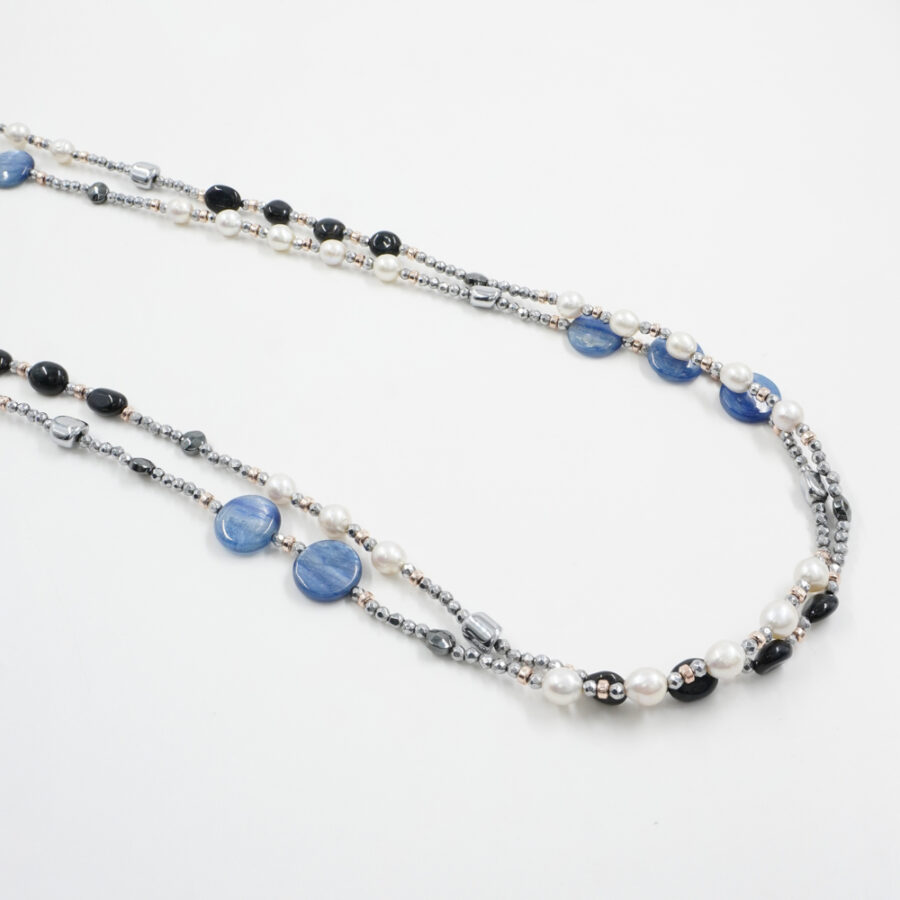 Collana Multifilo con ematite, cianite, occhio di tigre nero, perla