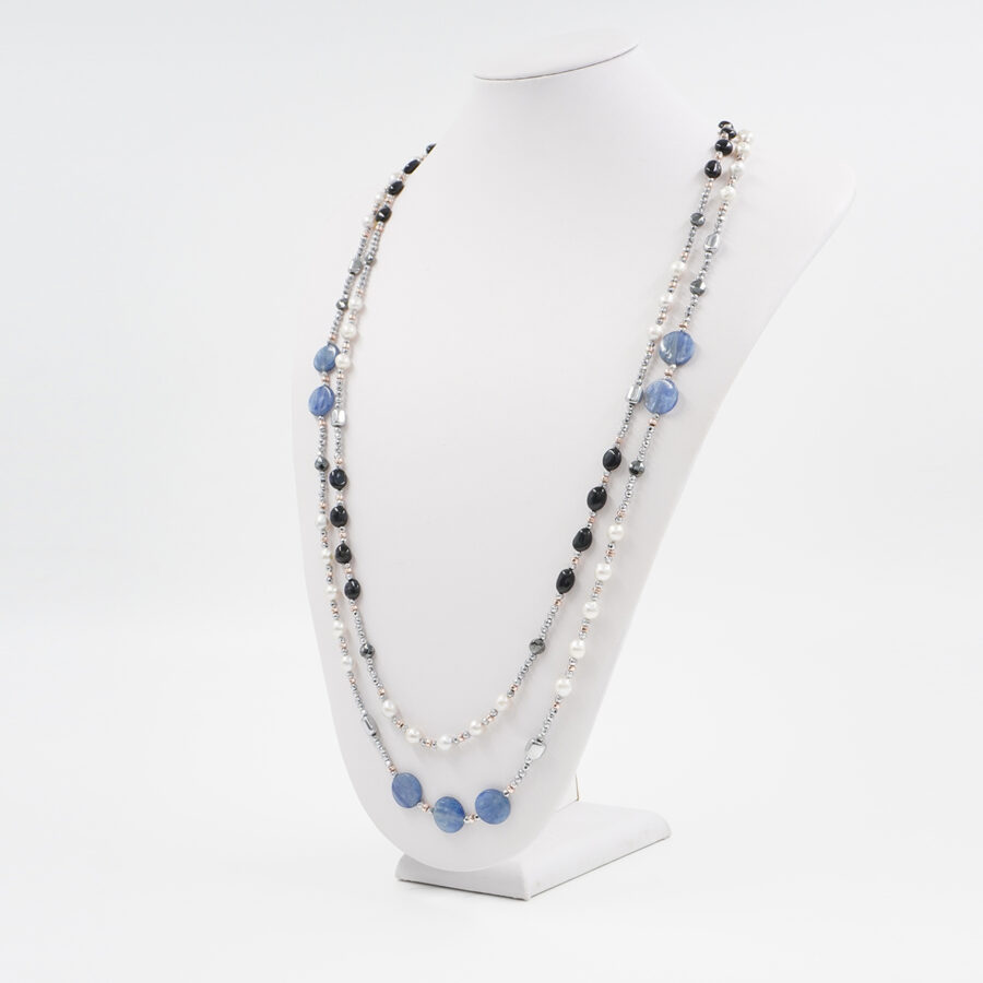 Collana Multifilo con ematite, cianite, occhio di tigre nero, perla - immagine 2