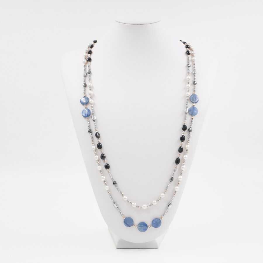 Collana Multifilo con ematite, cianite, occhio di tigre nero, perla - immagine 3
