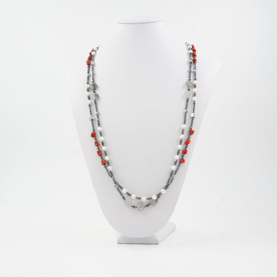 Collana Multifilo con ematite, quarzo grigio, cianite, corallo, perla - immagine 3
