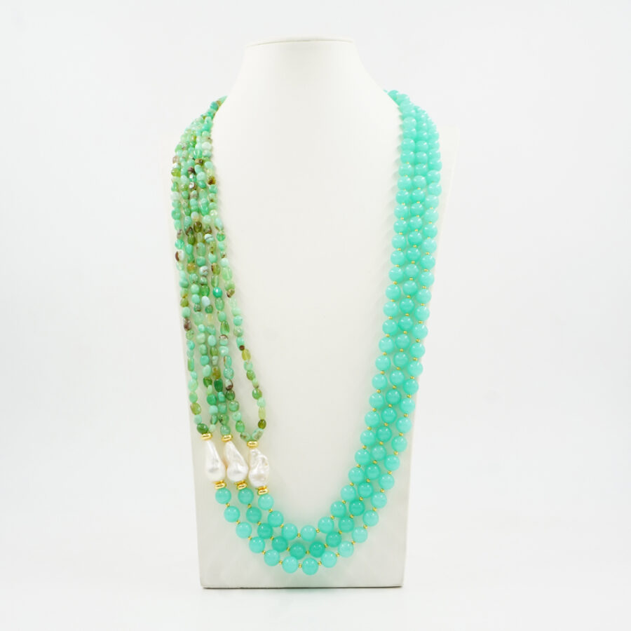 Collana Multifilo con quarzo spugna verde, crisoprasio, perla, ematite, chiusura in argento 925 – Dorato