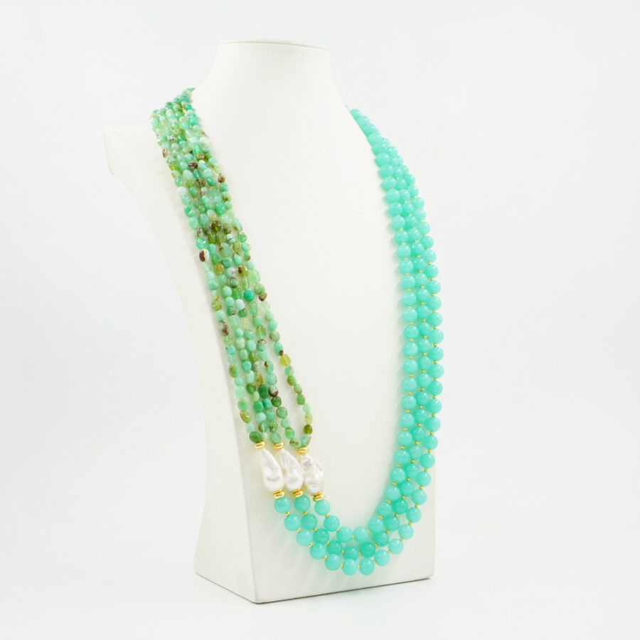 Collana Multifilo con quarzo spugna verde, crisoprasio, perla, ematite, chiusura in argento 925 – Dorato - immagine 2