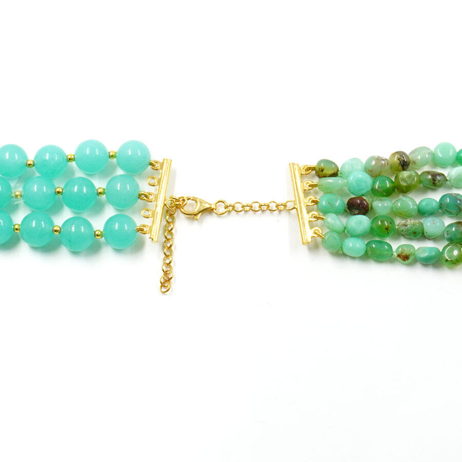 Collana Multifilo con quarzo spugna verde, crisoprasio, perla, ematite, chiusura in argento 925 – Dorato - immagine 3