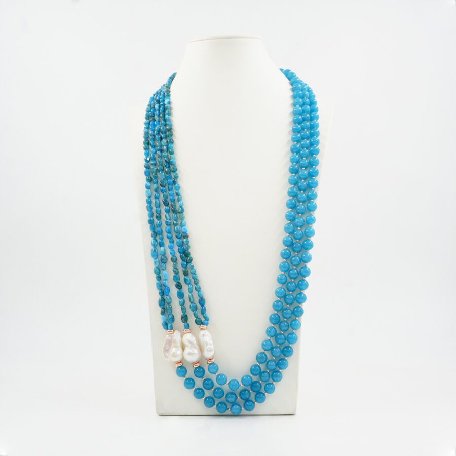 Collana Multifilo con quarzo spugna blu, apatite, perla, ematite, chiusura in argento 925 – Rosato