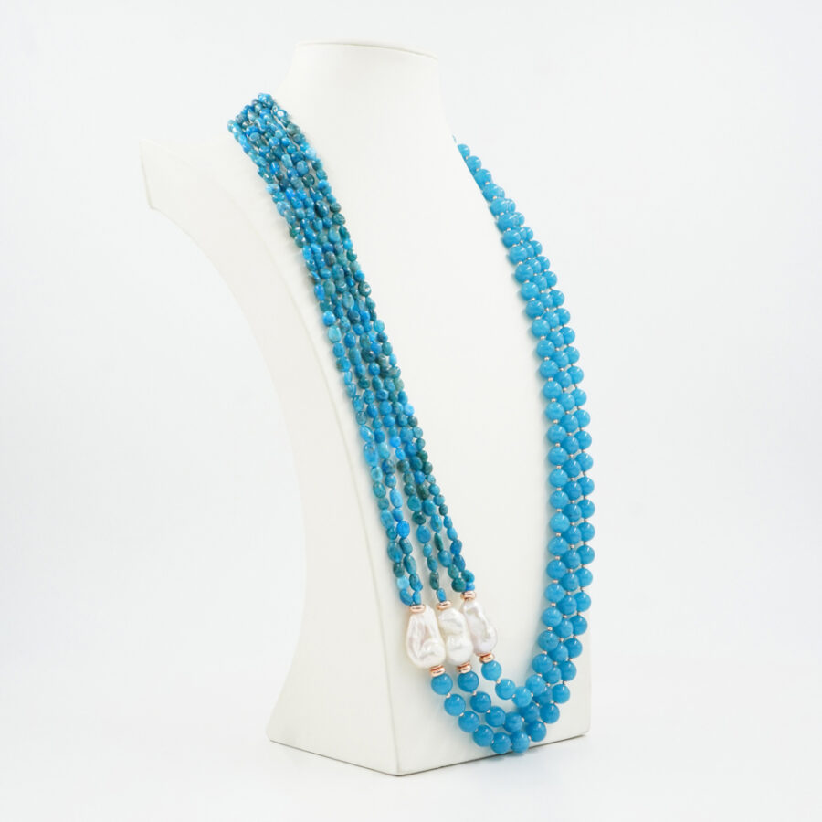 Collana Multifilo con quarzo spugna blu, apatite, perla, ematite, chiusura in argento 925 – Rosato - immagine 2