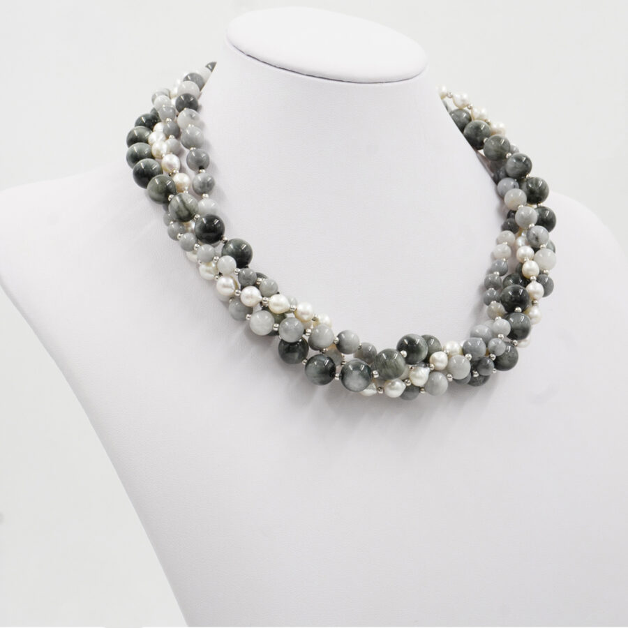 Collana Multifilo con occhio d'aquila, perla, chiusura in argento 925 – Rodiato