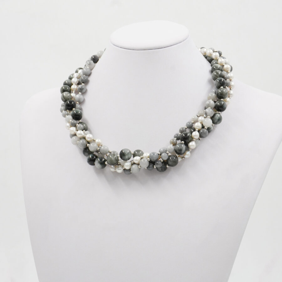 Collana Multifilo con occhio d'aquila, perla, chiusura in argento 925 – Rodiato - immagine 2