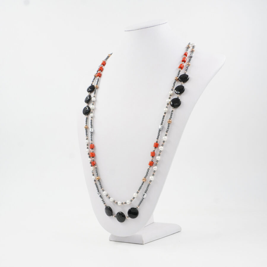 Collana Multifilo con ematite, agata nera, perla, corallo - immagine 2