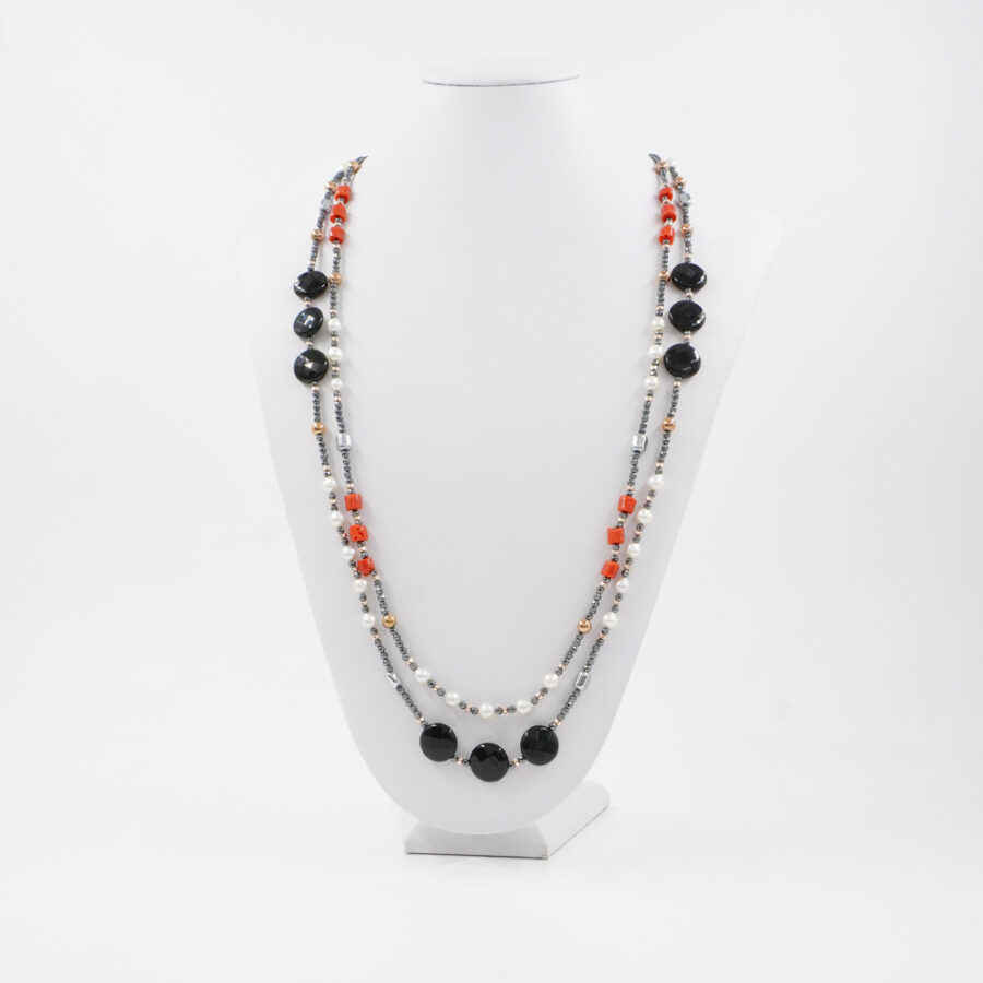 Collana Multifilo con ematite, agata nera, perla, corallo - immagine 3