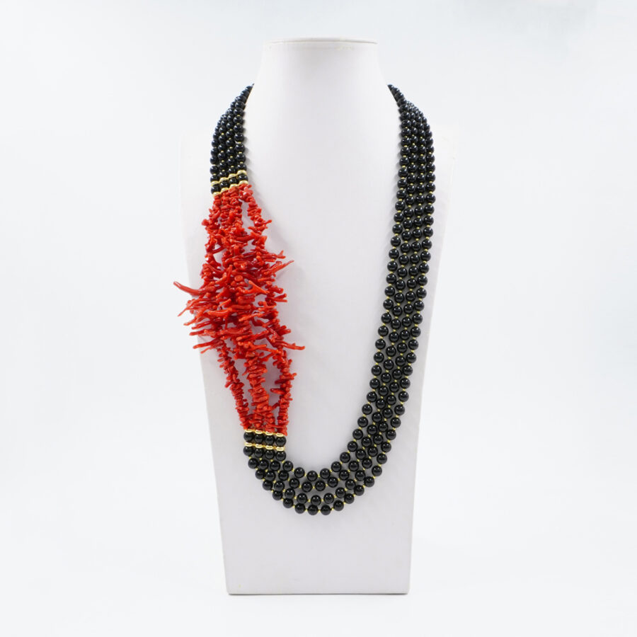 Collana Multifilo con agata nera, corallo, ematite, chiusura in argento 925 – Dorato - immagine 2