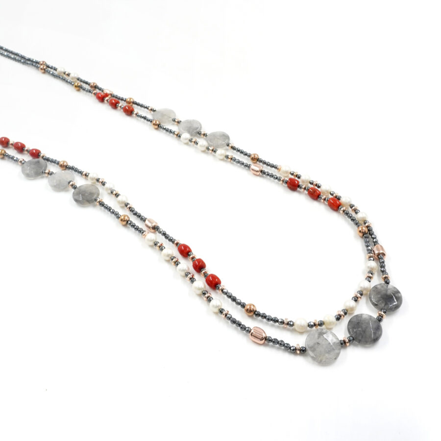 Collana Multifilo con ematite, quarzo grigio, perla, corallo