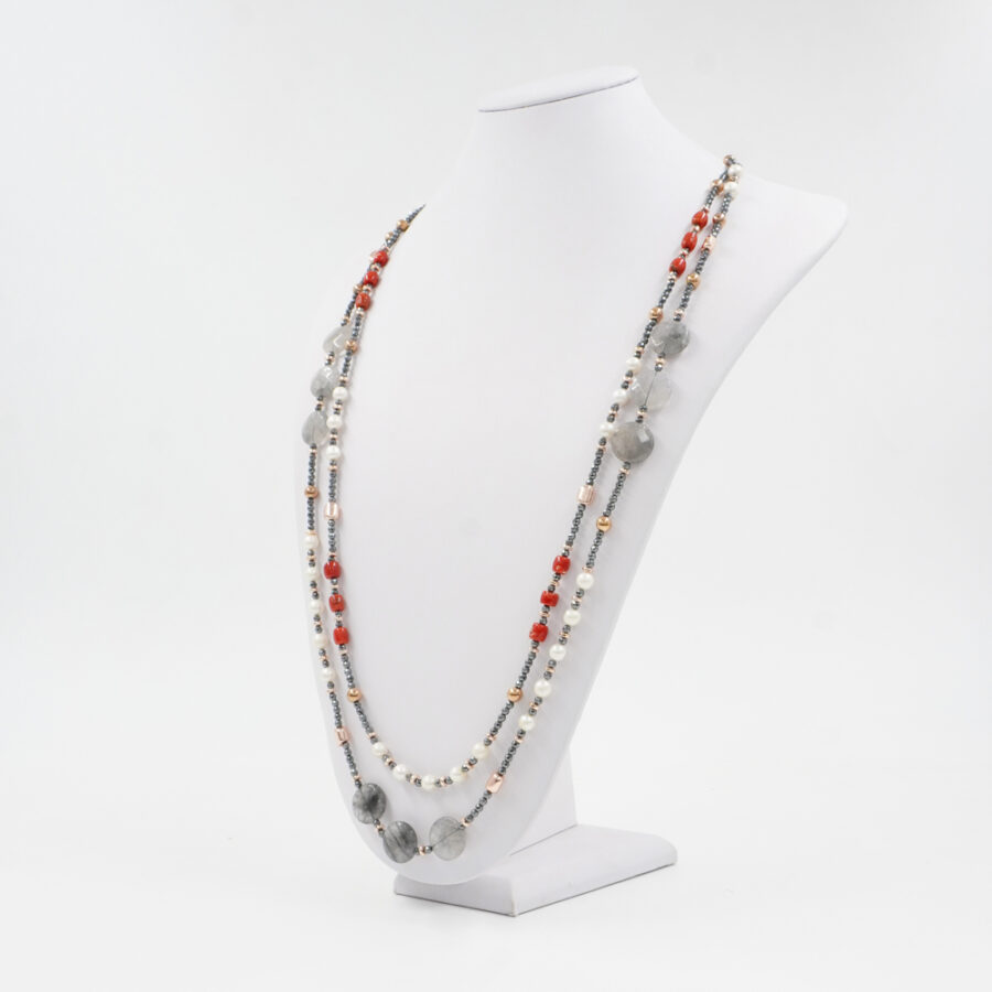 Collana Multifilo con ematite, quarzo grigio, perla, corallo - immagine 2