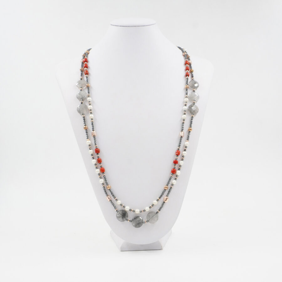 Collana Multifilo con ematite, quarzo grigio, perla, corallo - immagine 3