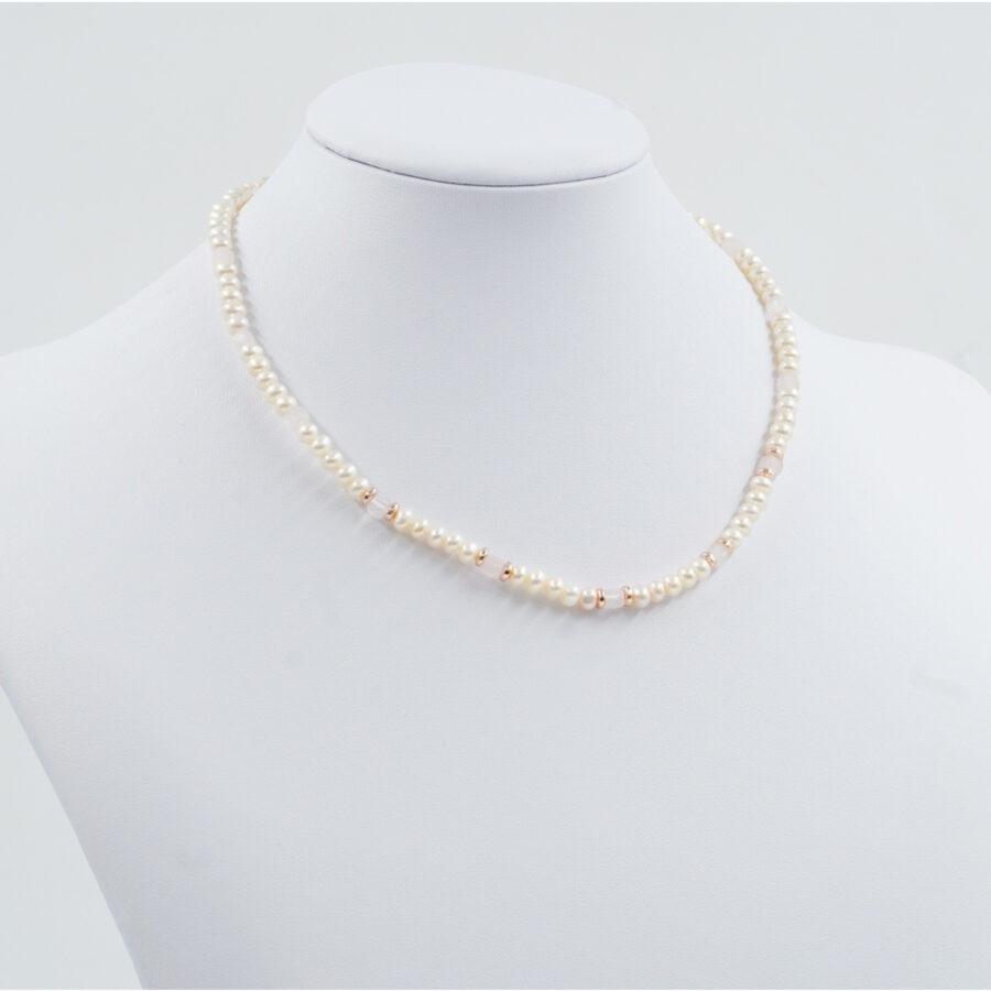 Collana con perla, quarzo rosa, ematite, chiusura in argento 925 – Rosato