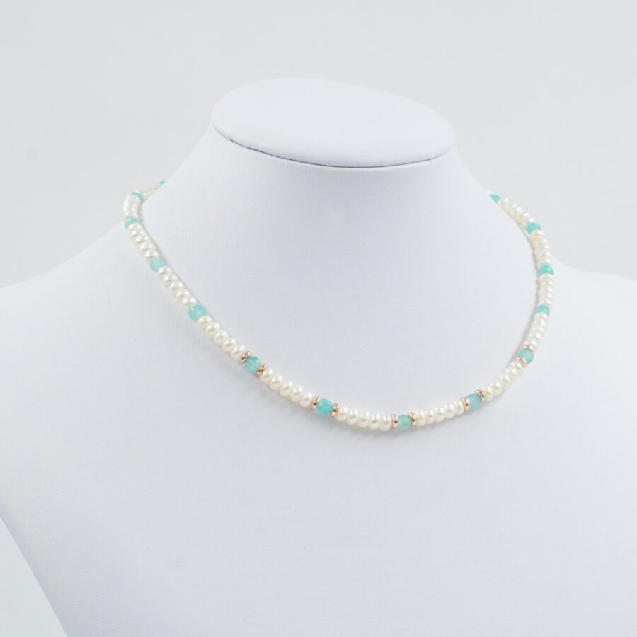 Collana con perla, amazzonite, ematite, chiusura in argento 925 – Rosato