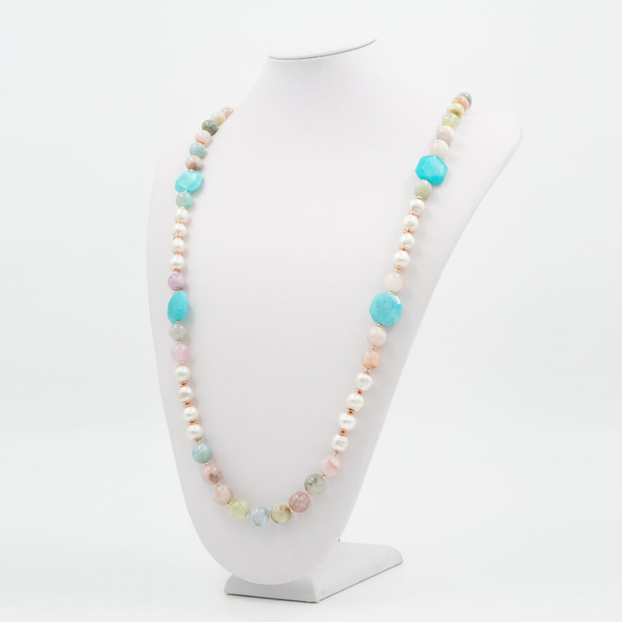 Collana con berillo, perla, amazzonite, ematite, chiusura in argento 925 – Rosato - immagine 2