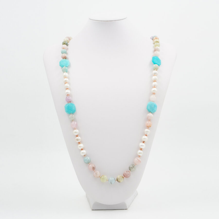 Collana con berillo, perla, amazzonite, ematite, chiusura in argento 925 – Rosato - immagine 3